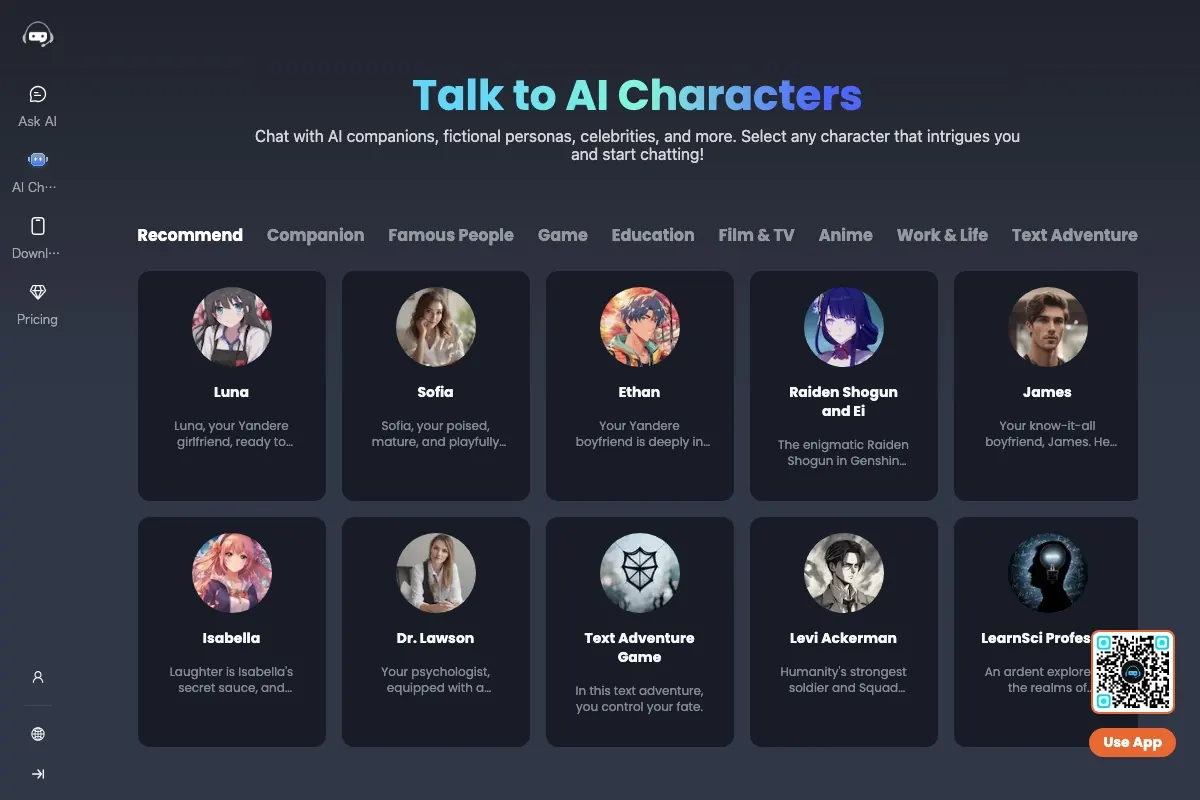 ログイン不要でAIキャラクターと無料チャットできるAichattingの公式サイト